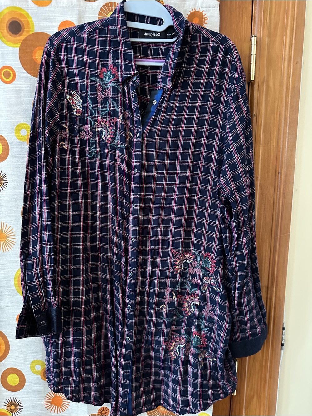Desigual Navy and Pink Plaid Embroidered Long Sleeve Tunic